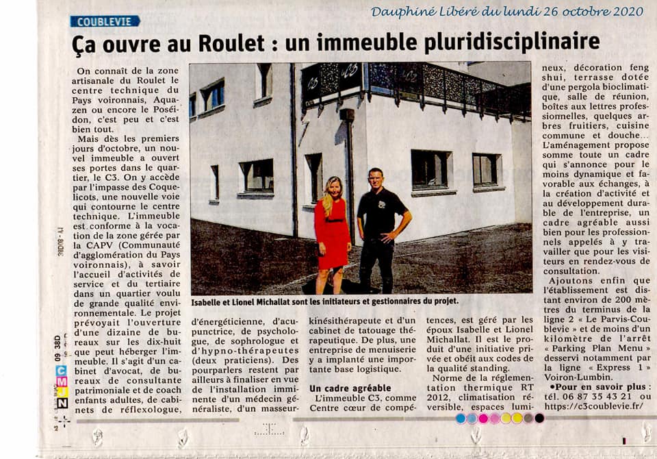 Coupure de presse du Dauphiné Libéré du 26 octobre 2020 annonçant l'ouverture du C3